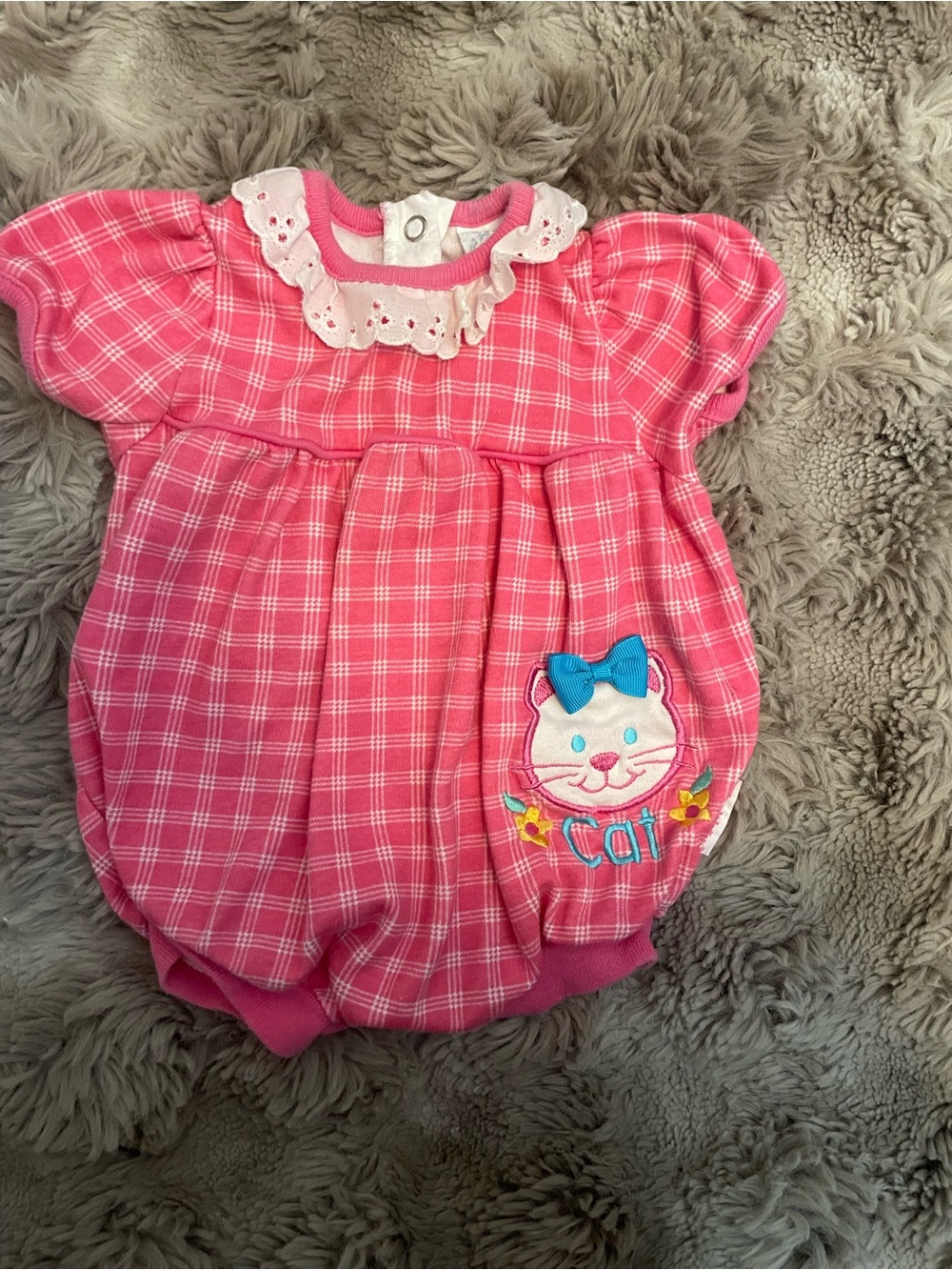 90s Vintage Pink Plaid Baby Romper with Cat Appliqué